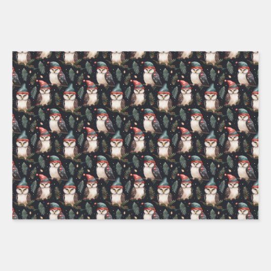 フクロウお洒落クリスマスハットパターン ラッピングペーパーシート (正面3)