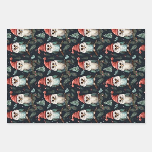 フクロウお洒落クリスマスハットパターン ラッピングペーパーシート (正面)