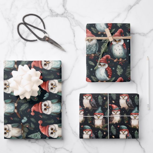 フクロウお洒落クリスマスハットパターン ラッピングペーパーシート (正面)