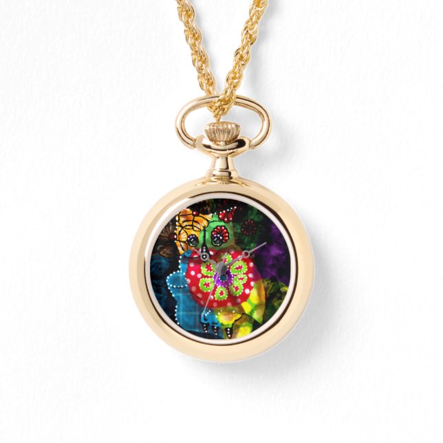 フクロウお洒落タラベラスタイルグリーンレッドブルーフローラ 腕時計 (正面)