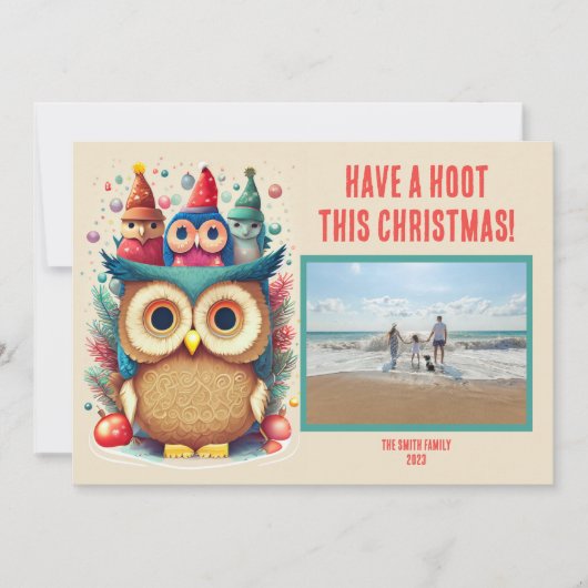 フクロウお洒落ファミリー写真クリスマスカード シーズンカード (正面)