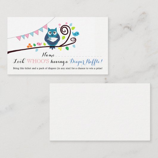 フクロウお洒落ベビーシャワーおむつラッフルチケット エンクロージャーカード (正面/裏面)