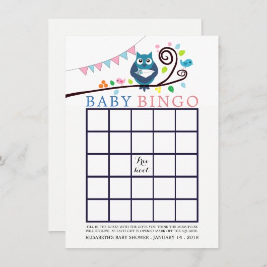 フクロウお洒落ベビーシャワービンゴ 招待状 (正面/裏面)