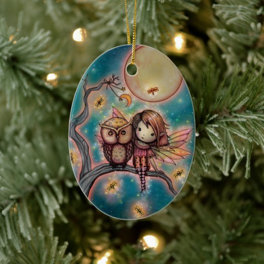 フクロウお洒落ルとホタルの可愛い妖精 セラミックオーナメント (ツリー)