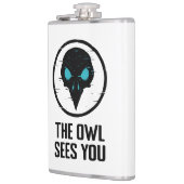 フクロウがあなたを見る – キラキラ目ホラーシャツ – 白 フラスク (左)