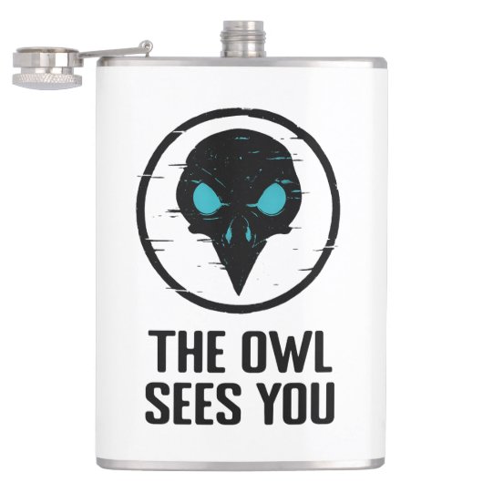 フクロウがあなたを見る – キラキラ目ホラーシャツ – 白 フラスク (オープン)