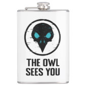 フクロウがあなたを見る – キラキラ目ホラーシャツ – 白 フラスク (正面)