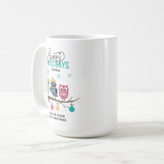 フクロウがクリスマスに家にパーソナライズされた帰る コーヒーマグカップ (正面左)