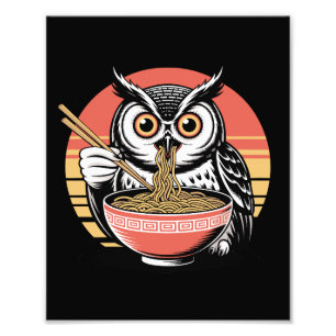 フクロウがラーメン日本の浮世絵ヴィンテージスタイル フォトプリント           