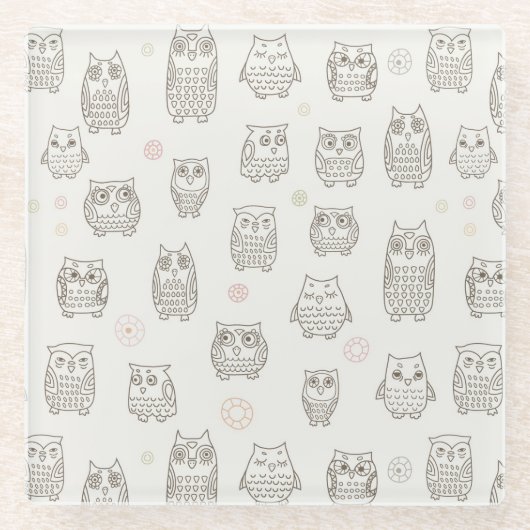フクロウが付いているパターン ガラスコースター (正面)