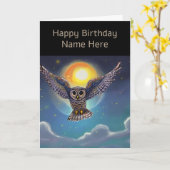 フクロウが星空の月に照らされた夜空で雲の上を舞う カード (黄色い花)