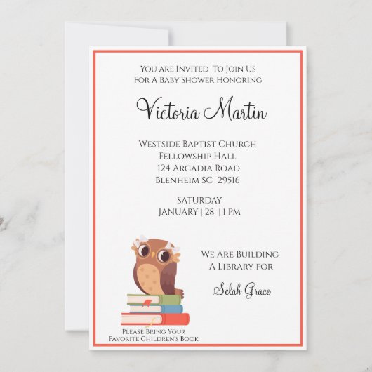 フクロウが本の赤ちゃんシャワーを持ってくる招待状 招待状 (正面)