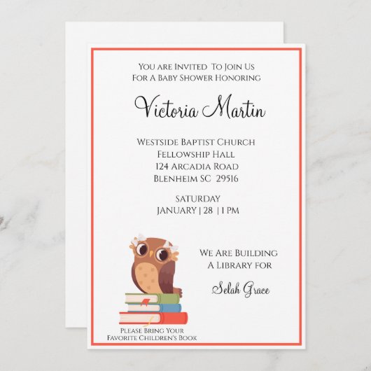 フクロウが本の赤ちゃんシャワーを持ってくる招待状 招待状 (正面/裏面)