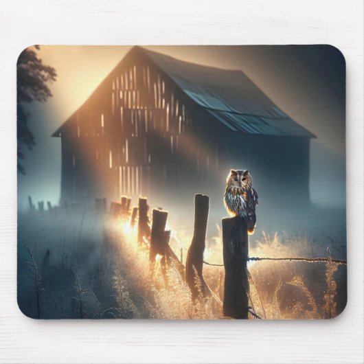 フクロウが農場のフェンスの柱に座る マウスパッド (正面)