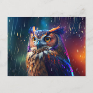 . .フクロウが雨の中に生き生きとした絵はがき ポストカード