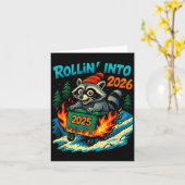 フクロウが2026年へとゴミ箱の炎に転がり込む新年私 カード (黄色い花)