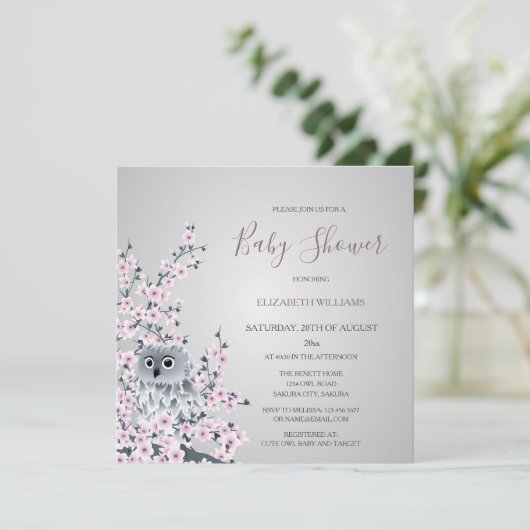 フクロウとさくらんぼが赤ちゃんシャワーを咲かせる 招待状 (スタンド正面)
