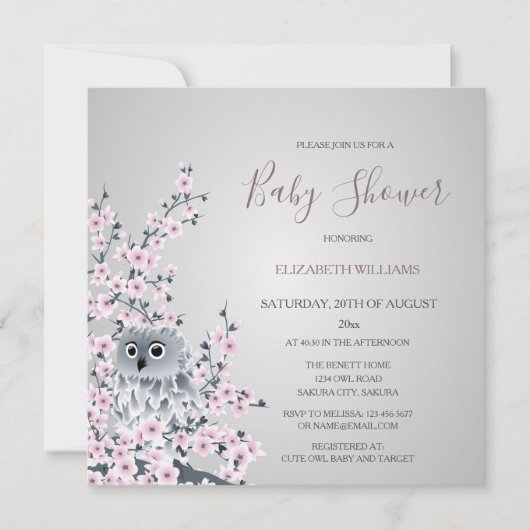 フクロウとさくらんぼが赤ちゃんシャワーを咲かせる 招待状 (正面)