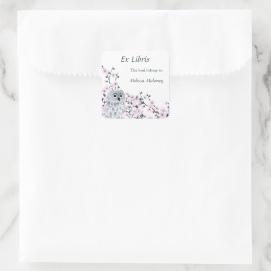 フクロウとさくらんぼの花々Ex Libris蔵書票 スクエアシール (バッグ)