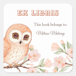 フクロウとさくらんぼの花々Ex Libris蔵書票 スクエアシール