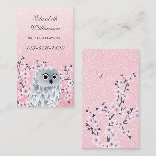フクロウとさくらんぼの花のピンクが遊び場を呼び出す 名刺 (正面/裏面)