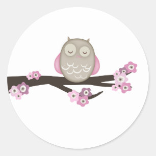 フクロウとさくらんぼの花{ピンク} シール