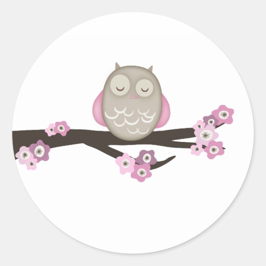 フクロウとさくらんぼの花{ピンク} |シール ラウンドシール (正面)