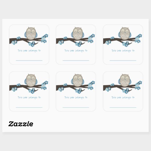 フクロウとさくらんぼの花{青} |蔵書票 スクエアシール (シート)