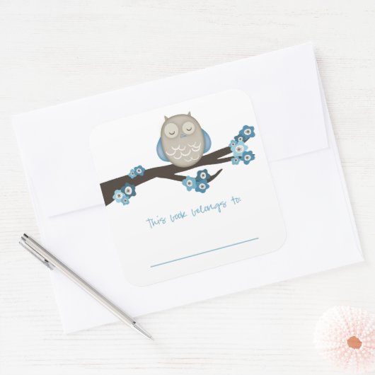 フクロウとさくらんぼの花{青} |蔵書票 スクエアシール (封筒)