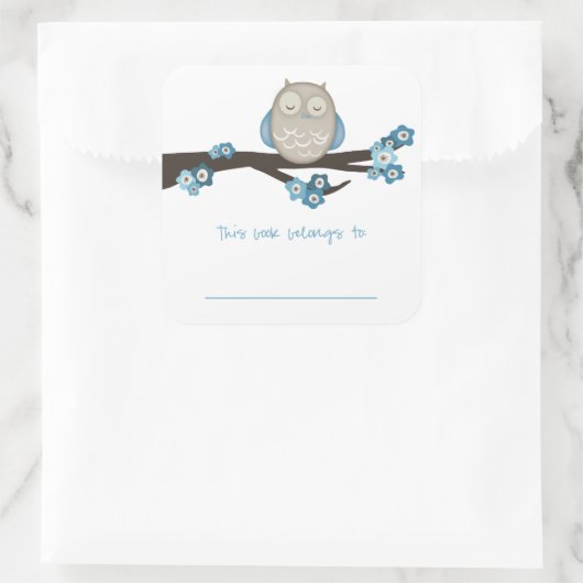 フクロウとさくらんぼの花{青} |蔵書票 スクエアシール (バッグ)