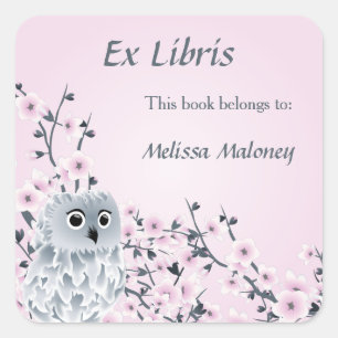 フクロウとさくらんぼの花Ex Libris スクエアシール