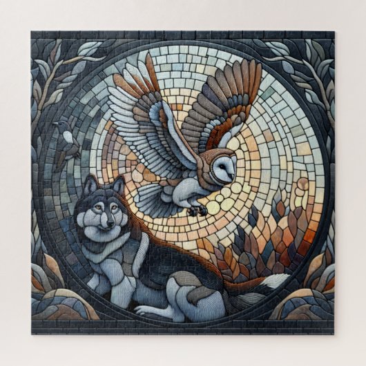 フクロウとオオカミのモザイクアイアート ジグソーパズル (縦)
