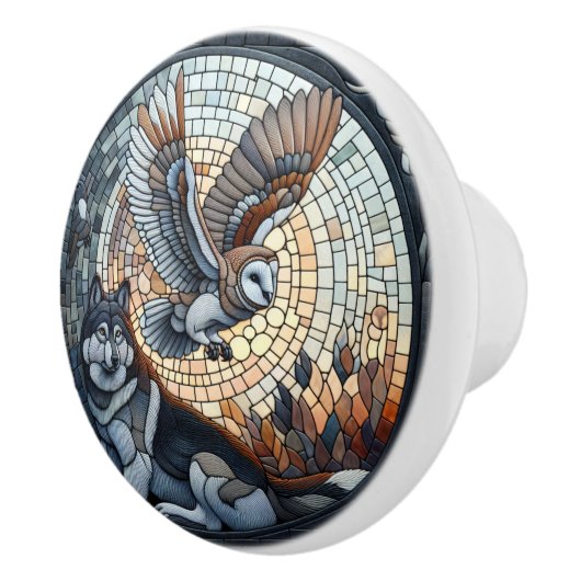 フクロウとオオカミのモザイクアイアート セラミックノブ (右)