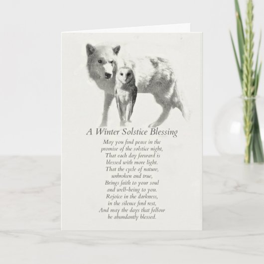 フクロウとオオカミの雪の冬の至恵み カード (正面)