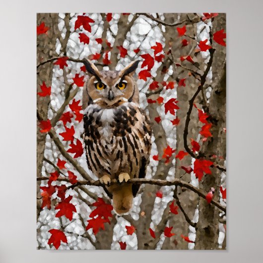フクロウとカエデ葉の ポスター (正面)