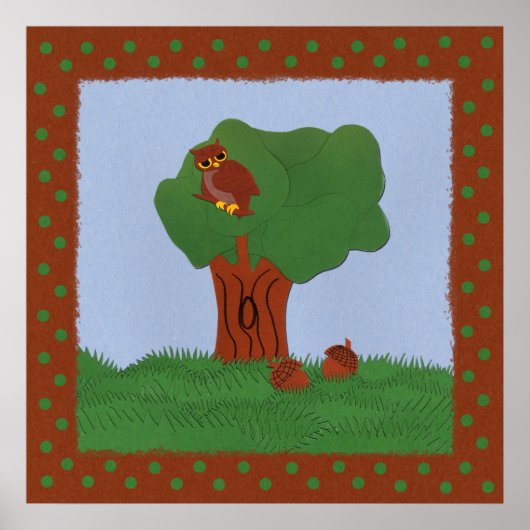 フクロウとカシの木お洒落の風景画 ポスター (正面)