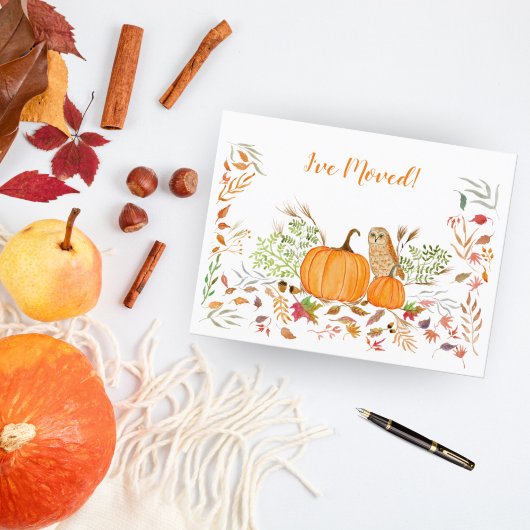 フクロウとカボチャの秋の紅葉 案内ポストカード