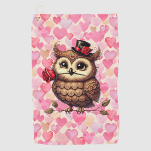 フクロウとカラフルハートバレンタインデー ゴルフタオル