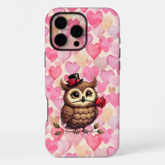 フクロウとカラフルハートバレンタインデー iPhoneケース (裏面)