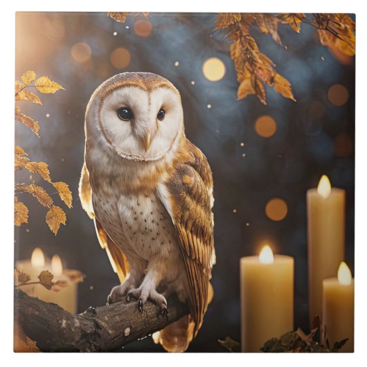 フクロウとキャンドルの神秘的な魔法の秋 タイル (正面)