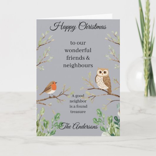 フクロウとコマドリのクリスマスカード 友人や隣人へ カード (正面)