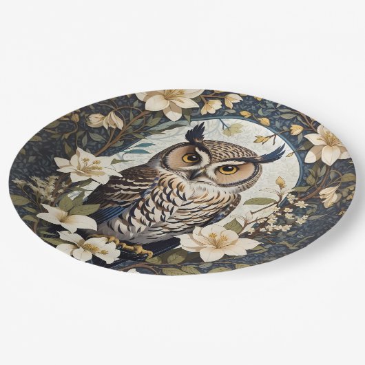 フクロウとジャスミンの美しい花 ペーパープレート (アングル)