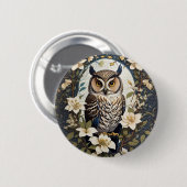 フクロウとジャスミンの美しい花 缶バッジ (正面&裏面)