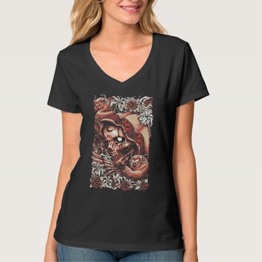 フクロウとスカルキングのスケルトン Tシャツ (正面)