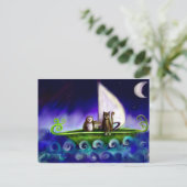 フクロウとネコの現代的な鮮やかなイラスト ポストカード (スタンド正面)