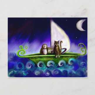 フクロウとネコの現代的な鮮やかなイラスト ポストカード