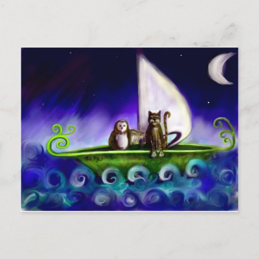 フクロウとネコの現代的な鮮やかなイラスト ポストカード (正面)