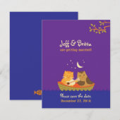 フクロウとネコの結婚のお知らせ（紫と青） 招待状 (正面/裏面)