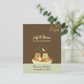 フクロウとネコの絵本のようなウェディング (青と茶色) セーブザデート (スタンド正面)