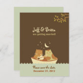 フクロウとネコの絵本のようなウェディング (青と茶色) セーブザデート (正面/裏面)